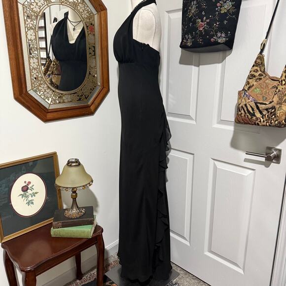 VTG Y2K Betsy & Adam Matte Black Mesh Gothic Ruffled Train Formal Maxi Dress - Picture 3 of 7